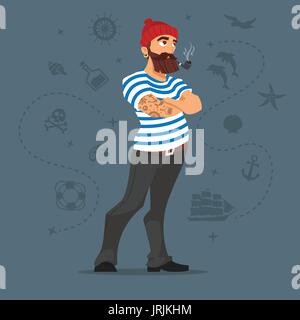 Vector cartoon style illustration of bearded sailor smoking pipe. Sea icons. Isolated on white background. Stock Vector