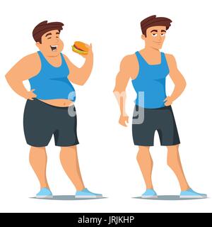 Vector cartoon style illustration of fat and slim man in sport wear. Before and after weight loss concept. Isolated on white background. Stock Vector