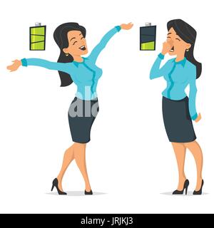 Vector cartoon style illustration of full of energy businesswoman and tired or boring woman. Icon of battery. Isolated on white background. Stock Vector