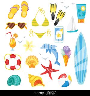 Vector cartoon style set of summer objects. Icon for web. Isolated on white background. Stock Vector