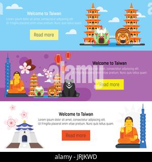 Vector flat style set of Welcome to Taiwan template for web banner or poster for tourist. Taiwan cultural symbols. Stock Vector