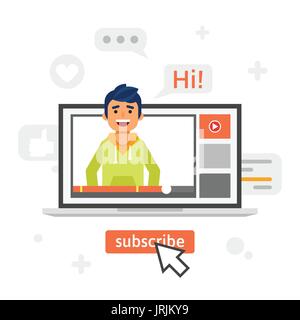 Vector flat style illustration of happy blogger man in a laptop. Vlog concept. Stock Vector