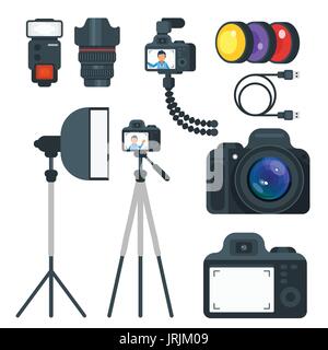 Vector flat style set of photo equipment. Isolated on white background. Stock Vector