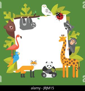 Vector flat style illustration of zoo animals. Template for banner or poster with animals. Stock Vector