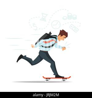 Vector cartoon style illustration of businessman on skateboard hurrying to the office. Business icons. Isolated oh white background. Stock Vector