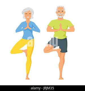 Vector cartoon style illustration of two characters: happy senior man and woman doing yoga exercise. Isolated on white background. Stock Vector