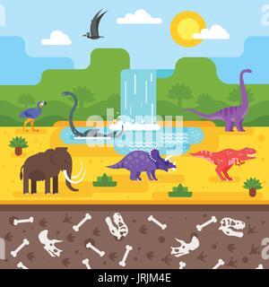 Vector flat style illustration of prehistoric landscape with dinosaurs. Stock Vector