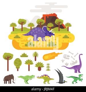 Vector flat style illustration of prehistoric landscape mountains and volcano with dinosaurs. Set of Jurassic icons animals and plants. Isolated on wh Stock Vector