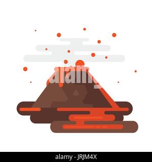 Vector flat style illustration of volcano eruption with smoke and lava. Isolated on white background. Stock Vector