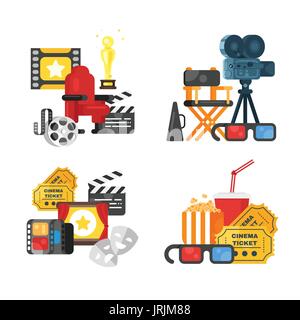 Vector flat style movie design set of concept with cinema icons. Icon for web. Isolated on white background. Stock Vector