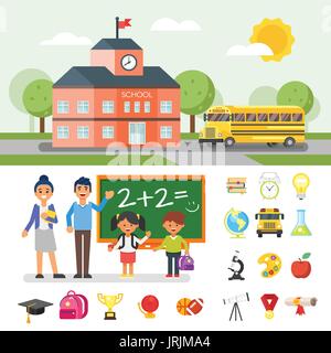 Vector flat style illustration of school building and yellow bus. Education related objects and characters. Stock Vector
