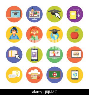Vector flat style set of online education and e-learning icons in colorful circles. Isolated on white background. Stock Vector