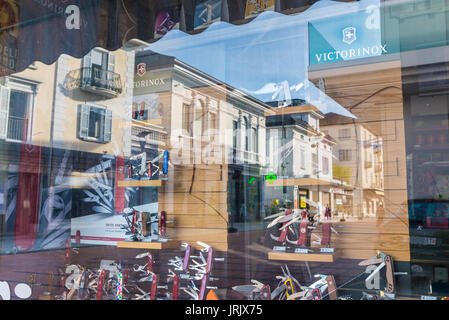 Chiasso, Canton Ticino, Switzerland - May 24, 2017: Victorinox knife shop. The famous multi-purpose knife is one of the symbols of Switzerland Stock Photo