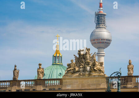 Berlin skyline, view of the contrasting architectural styles of the Zeughaus, the Berliner Dom and the Fernsehturm TV tower, Mitte, Berlin, Germany Stock Photo