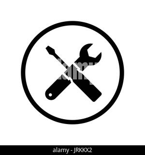 Tools icon, screwdriver and wrench, Fill style. Iconic symbol inside a circle, on white background. Vector Iconic Design. Stock Vector