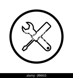 Tools icon, screwdriver and wrench, Outline style. Iconic symbol inside a circle, on white background. Vector Iconic Design. Stock Vector