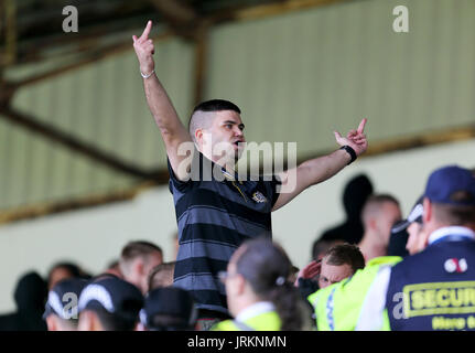 Hannover 96 ultras in the stands during the pre-season friendly match at Turf Moor, Burnley. Stock Photo