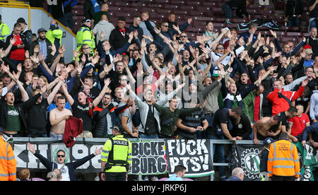 Hannover 96 ultras in the stands during the pre-season friendly match at Turf Moor, Burnley. Stock Photo