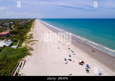 Florida,Melbourne Beach,Ocean Park,Atlantic Ocean,sand,aerial overhead view,sunbathers,beachfront homes,FL170728d27 Stock Photo