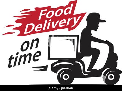 person riding food delivery motorcycle with big white box, illustration design, isolated on white background. Stock Vector
