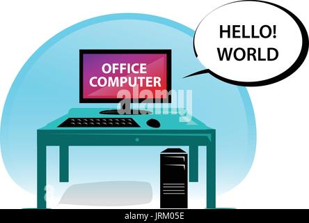 office computer with a table, keyboard, mouse and pc case , illustration design, isolated on white background. Stock Vector
