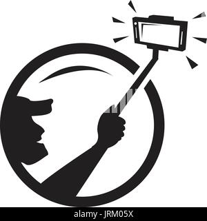silhouette of a person holds selfie stick, icon design, isolated on white background. Stock Vector