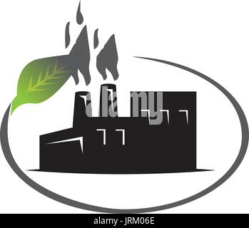 factory pollution sign with a silhouette of factory with burned leaf, isolated on white background. Stock Vector
