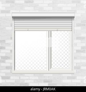 Window With Rolling Shutters Vector. Brick Wall. Front View. Illustration. Stock Vector
