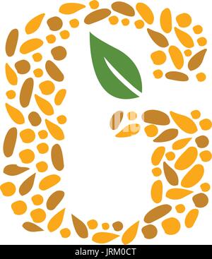 small grain forms letter G with a leaf, isolated on white background. Stock Vector