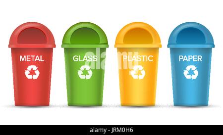 Recycling Bins Isolated Vector. Set Of Red, Green, Blue, Yellow, White Buckets. For Paper, Glass, Metal, Plastic Recycling Waste Sorting. Isolated Stock Vector