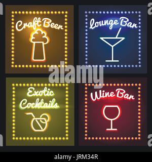 Set of glowing bar neon signs with Shining and glowing neon effects. Vector illustration. Stock Vector