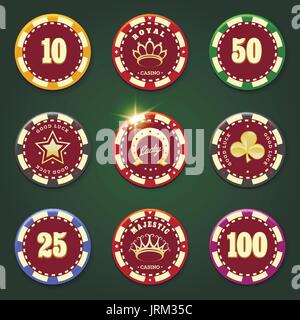 Poker chips emblem set. Casino design elements for logo, poker Club or Gambling game identity concept. Vector illustration. Stock Vector