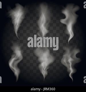 Six vector gray smoke waves. Set of Realistic vector steams on transparent background. Stock Vector