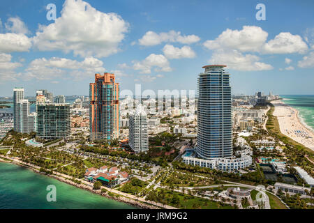 South Beach, Miami, Florida cityscape and beach, from the air Stock Photo