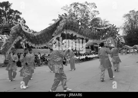 HAI DUONG, VIETNAM, February 14: a group of Asian people dance dragon in folk festivals on February 14, 2014 in Con Son pagoda, Hai Duong, Vietnam. Stock Photo