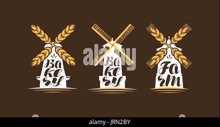Farm, bakery logo or label. Windmill, mill icon. Lettering, calligraphy vector illustration Stock Vector