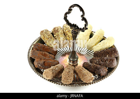 tray with handmade Belgian chocolate truffles isolated on white background Stock Photo