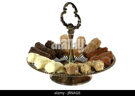 tray with handmade Belgian chocolate truffles isolated on white background Stock Photo