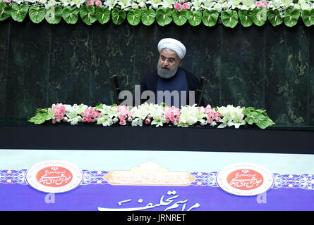 Tehran, Iran. 5th Aug, 2017. Hassan Rouhani delivers a speech during his inauguration ceremony as Iranian President in Iran's parliament in Tehran, capital of Iran, on Aug. 5, 2017. Hassan Rouhani was sworn in as Iranian President for his second term on Saturday and vowed to continue constructive interaction with the international community. Credit: Ahmad Halabisaz/Xinhua/Alamy Live News Stock Photo