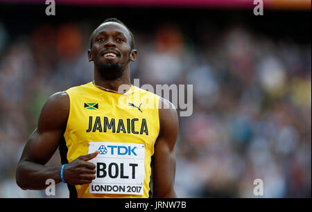 London, UK. 5th Aug, 2017. Usian Bolt of Jamaica competes during the men's 100m final on Day Two at the IAAF World Championships 2017 in London, Britain on Aug. 5, 2017. Credit: Han Yan/Xinhua/Alamy Live News Stock Photo