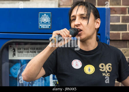 London, UK. 4th Aug, 2017. London, UK. 4th August 2017. Becky Shah from the Hillsborough Justice Campaign speaks at the rally at Tottenham Police Station remembering the death of Mark Duggan on the sixth anniversary of his killing by police, and also the police killing of other members of the Tottenham community - Cynthia Jarrett, Joy Gardner, Roger Sylvester, Mark Duggan and Jermaine Baker and the recent murders of Rashan Charles, Darren Cumberbatch and Edson Da Costa. Led by Stafford Scott, there was poetry, a minute of silence and speeches from family members as well as local activists, Stock Photo