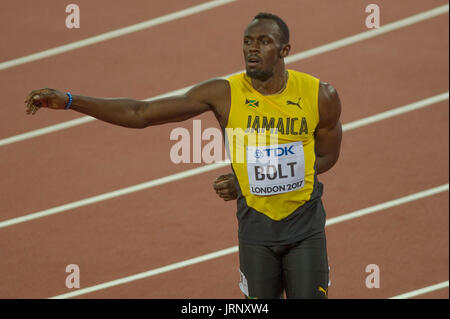 London, UK. 5th August, 2017. King Usain Bolt in the 6th 100m series at the IAAF World Championships in 2017, Queen Elizabeth Olympic Park, Stratford, London, UK Credit: Laurent Lairys/Agence Locevaphotos/Alamy Live News