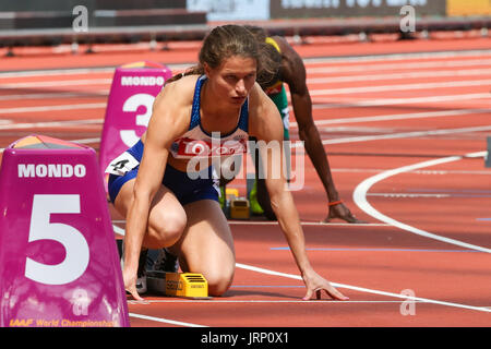 London, UK. 6th August, 2017. Zoey Clark at the start of heat five of the Women’s 400m on day three of the IAAF London 2017 world Championships at the London Stadium. © Paul Davey/Alamy Live News Stock Photo