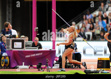 London, UK. 6th August, 2017. Ivona DADIC of Austria competing in the Heptathlon Javelin throw at the 2017, IAAF World Championships, Queen Elizabeth Olympic Park, Stratford, London, UK. Credit: Simon Balson/Alamy Live News