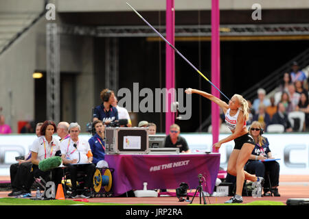 London, UK. 6th August, 2017. Ivona DADIC of Austria competing in the Heptathlon Javelin throw at the 2017, IAAF World Championships, Queen Elizabeth Olympic Park, Stratford, London, UK. Credit: Simon Balson/Alamy Live News Stock Photo