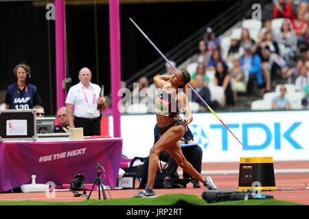 London, UK. 6th August, 2017. Nafissatou THIAM of Belgium competing in the Heptathlon Javelin throw at the 2017, IAAF World Championships, Queen Elizabeth Olympic Park, Stratford, London, UK. Credit: Simon Balson/Alamy Live News