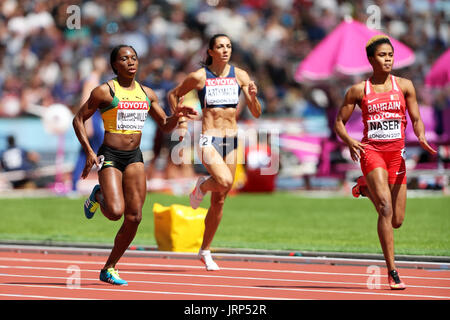 London, UK. 6th August, 2017. Novlene WILLIAMS-MILLS representing Jamaica, Salwa Eid NASER representing Bahrain and Eleni ARTYMATA representing Cyprus competing in the Women's 400m Heat 4 at the 2017, IAAF World Championships, Queen Elizabeth Olympic Park, Stratford, London, UK. Credit: Simon Balson/Alamy Live News Stock Photo