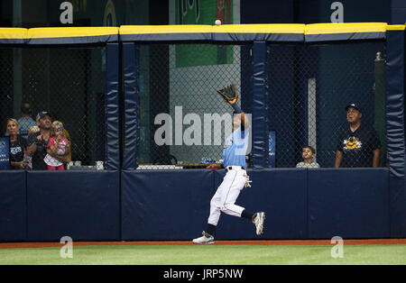 St. Petersburg, Florida, USA. 6th Aug, 2017. WILL VRAGOVIC | Times.Tampa Bay Rays center fielder Mallex Smith (0) gets under the fly ball by Milwaukee Brewers first baseman Jesus Aguilar (24) in the second inning of the game between the Milwaukee Brewers and the Tampa Bay Rays at Tropicana Field in St. Petersburg, Fla. on Sunday, August 6, 2017. Credit: Will Vragovic/Tampa Bay Times/ZUMA Wire/Alamy Live News Stock Photo