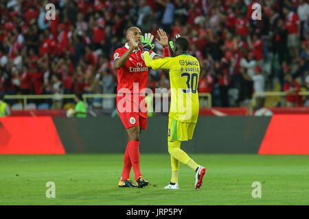 Benfica«s goalkeeper Bruno Varela from Portugal celebrating a goal scored  by Benfica«s forward Jonas from Brazil during the Candido Oliveira Super  Cup match between SL Benfica and Vitoria Guimaraes at Municipal de