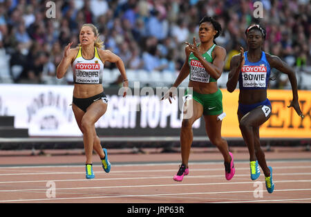 (l-r) Gina Lueckenkemper of Germany, Blessing Okagbare-Ighoteguonor of Nigeria, Tori Bowie of the USA in action in the women's 100 m semi-final at the IAAF World Championships in Athletics at the Olympic Stadium in London, UK, 6 August 2017. Photo: Bernd Thissen/dpa Stock Photo